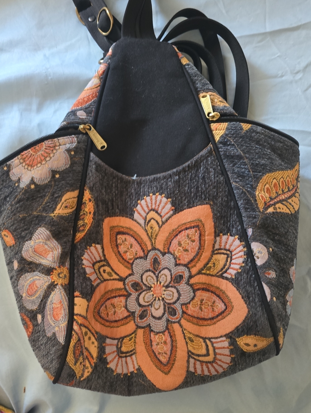 Embroidered Floral Backpack - Orange and Gray